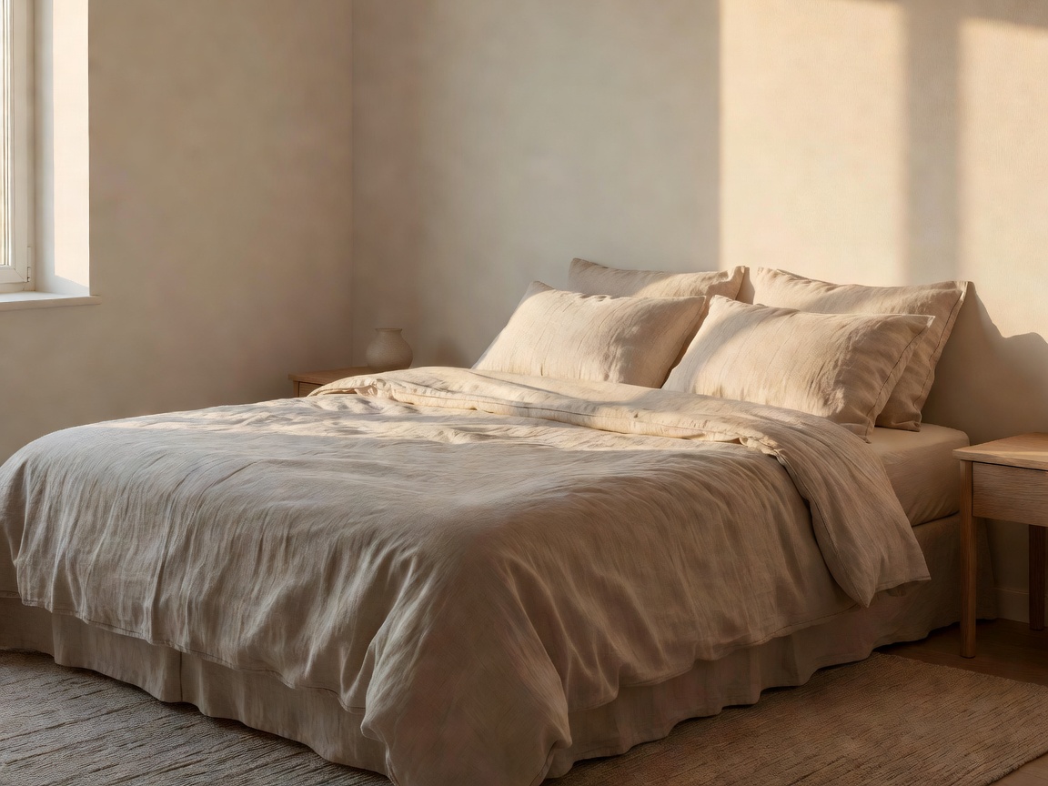 Calm retreat room with linen bedding and warm light