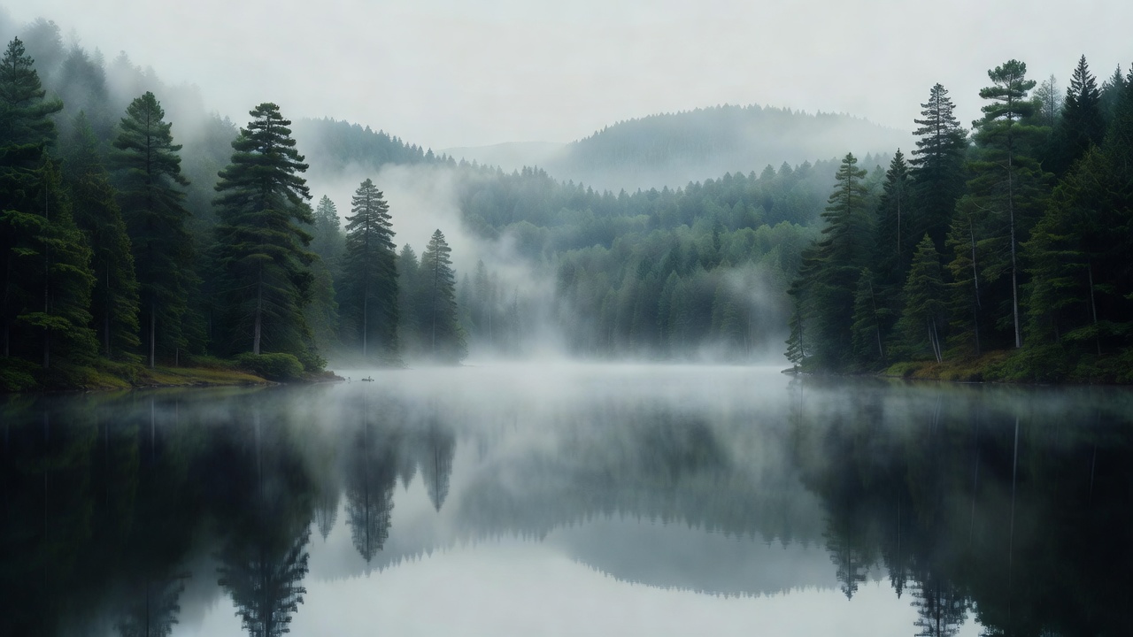 Misty lake surrounded by quiet forest and hills