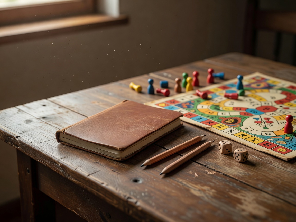 Notebook, pencils and board game on a wooden table