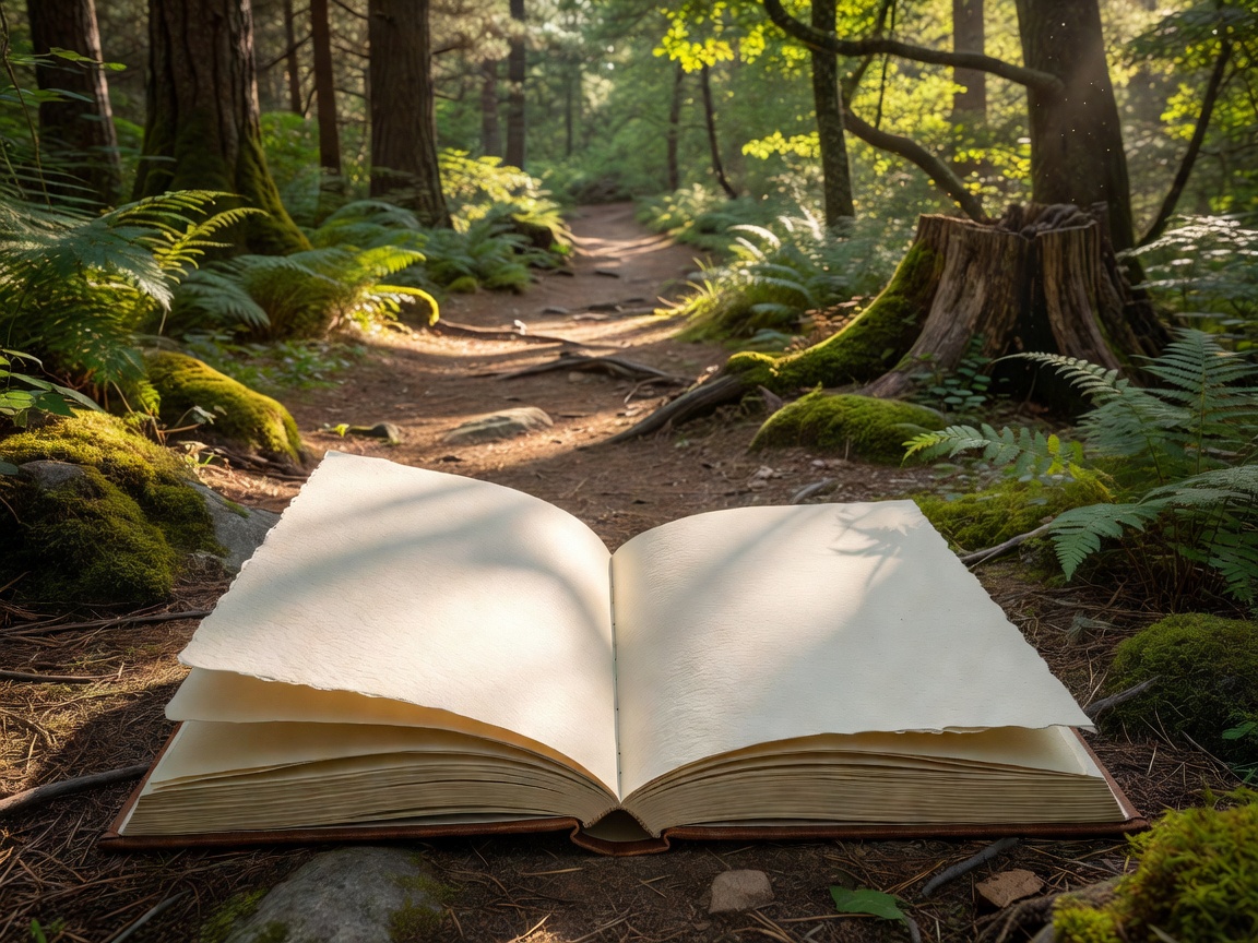 Open paper journal beside a woodland trail