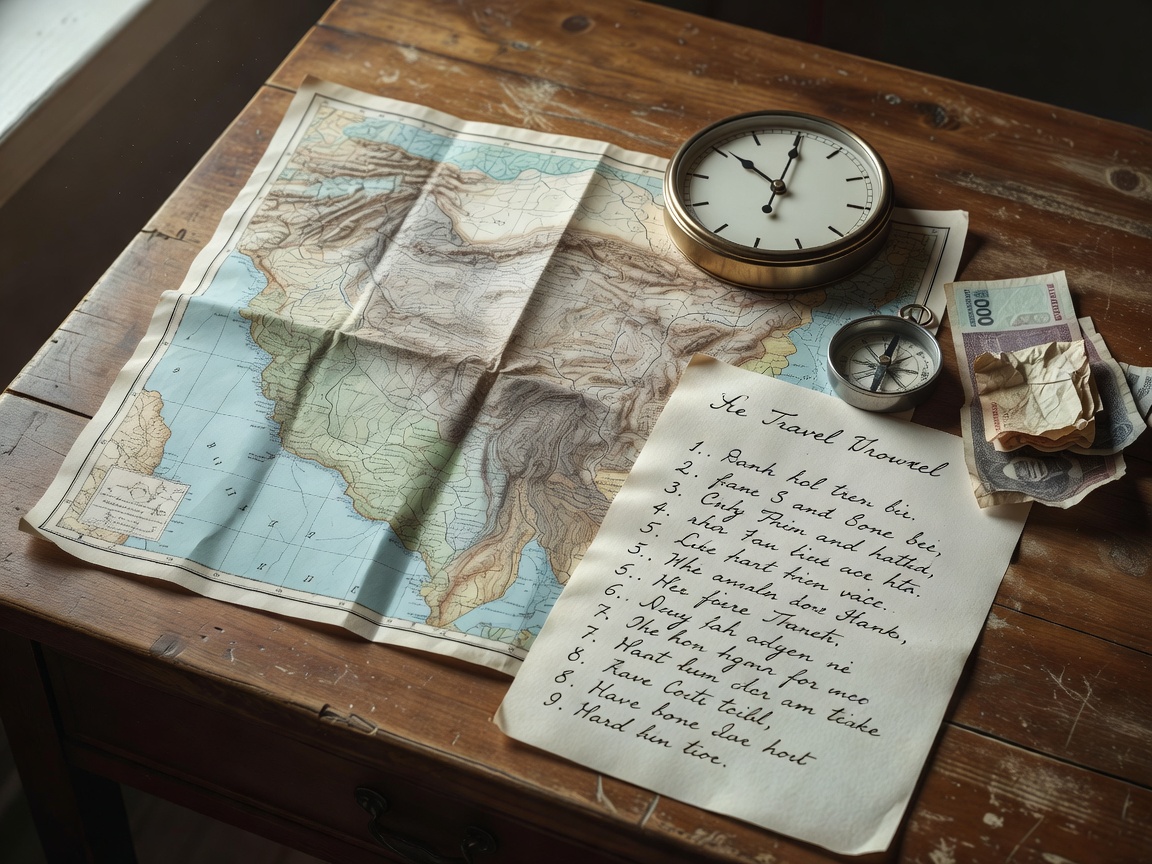 Paper map, analogue clock and handwritten travel list