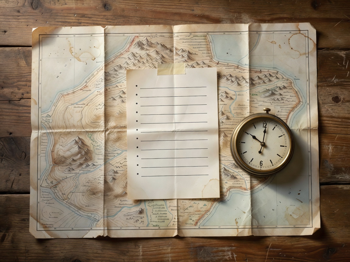 Paper map with handwritten checklist and analogue clock