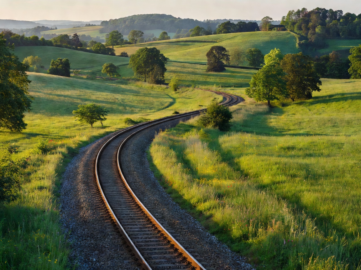Railway curving through a green European landscape