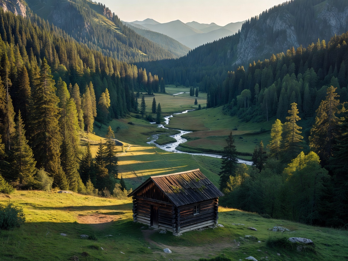 Small cabin beside a forested mountain valley