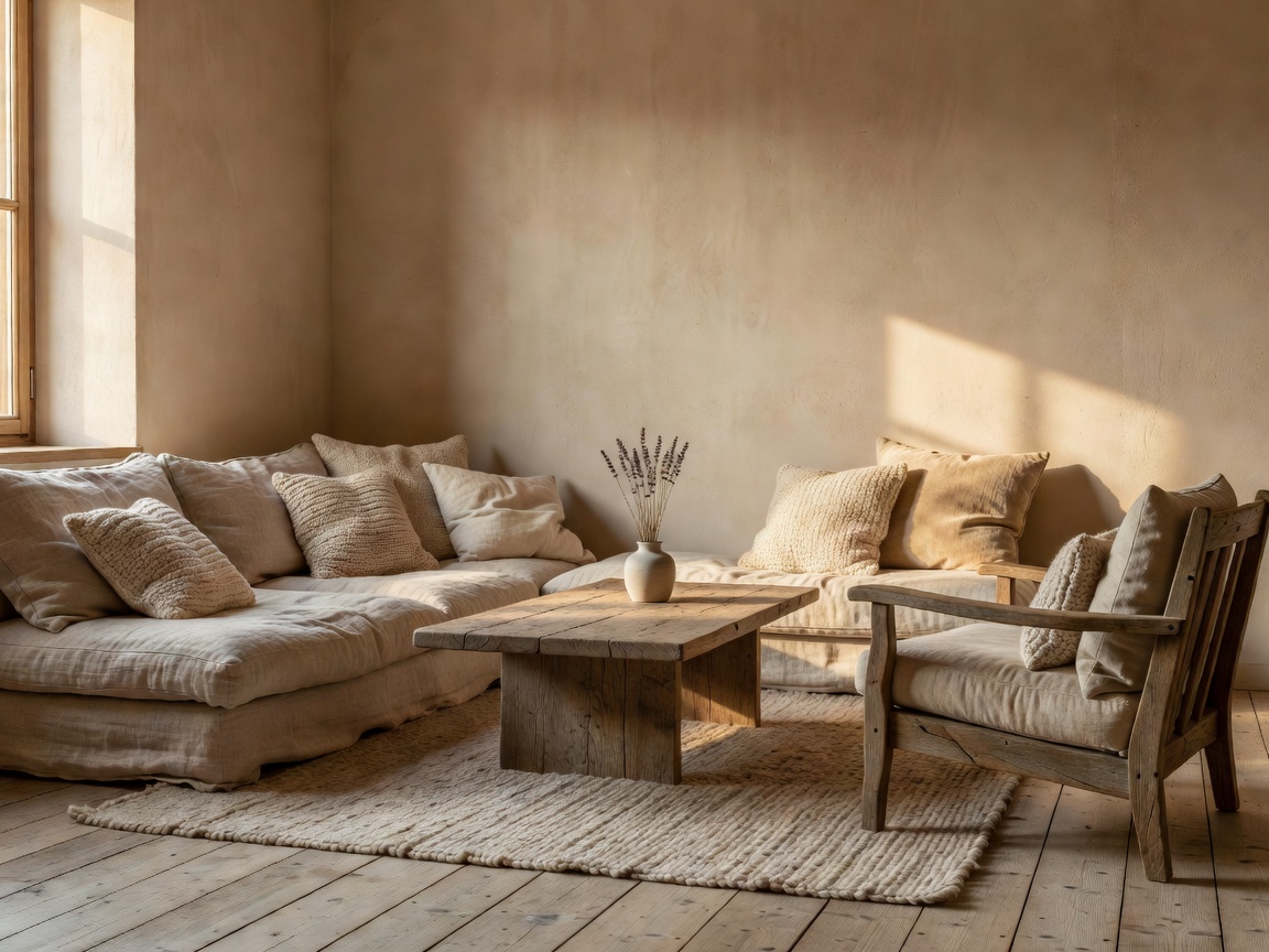 Sunlit quiet room with natural textures and soft furnishings