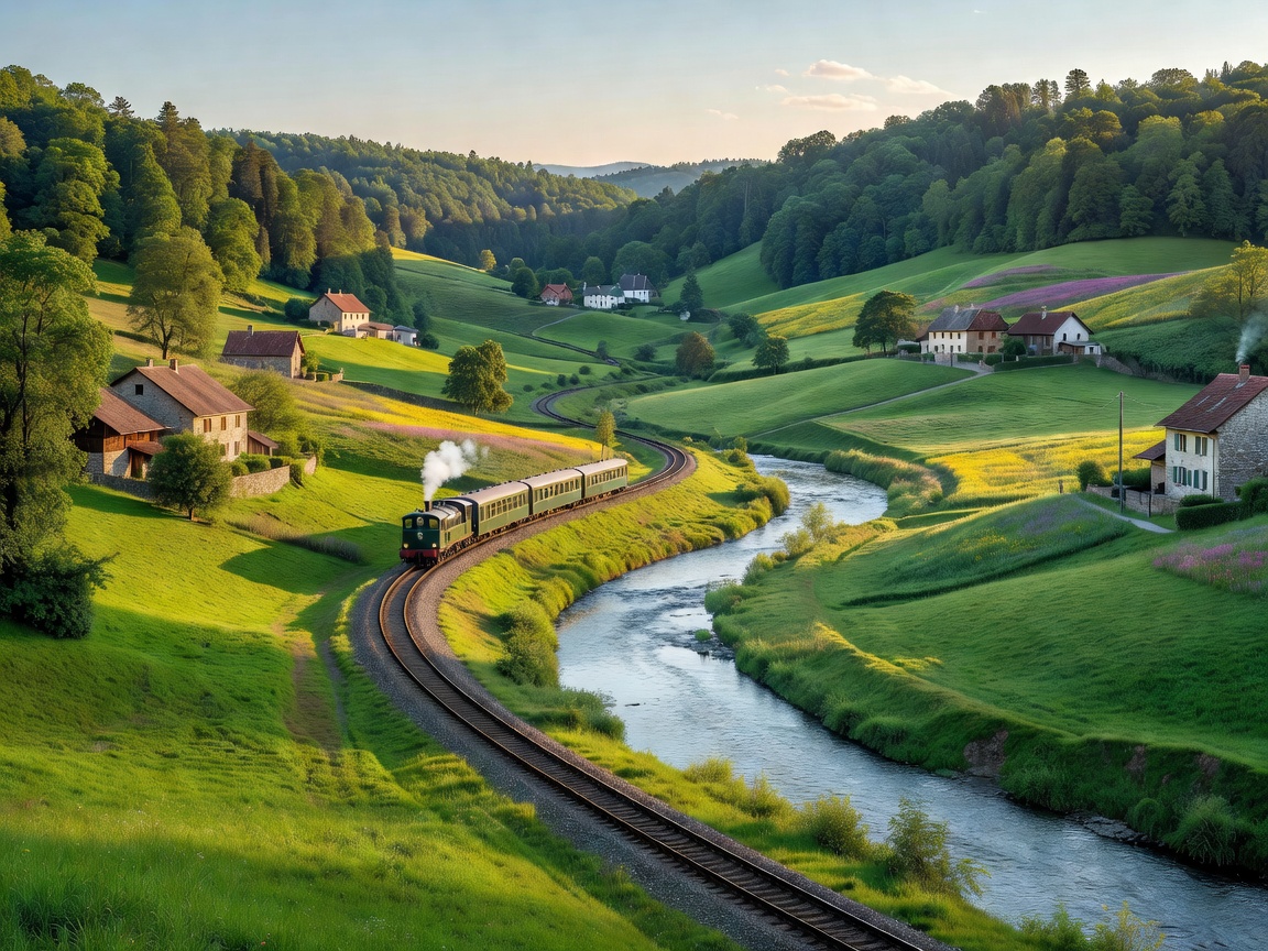 Train route passing through a peaceful green European valley