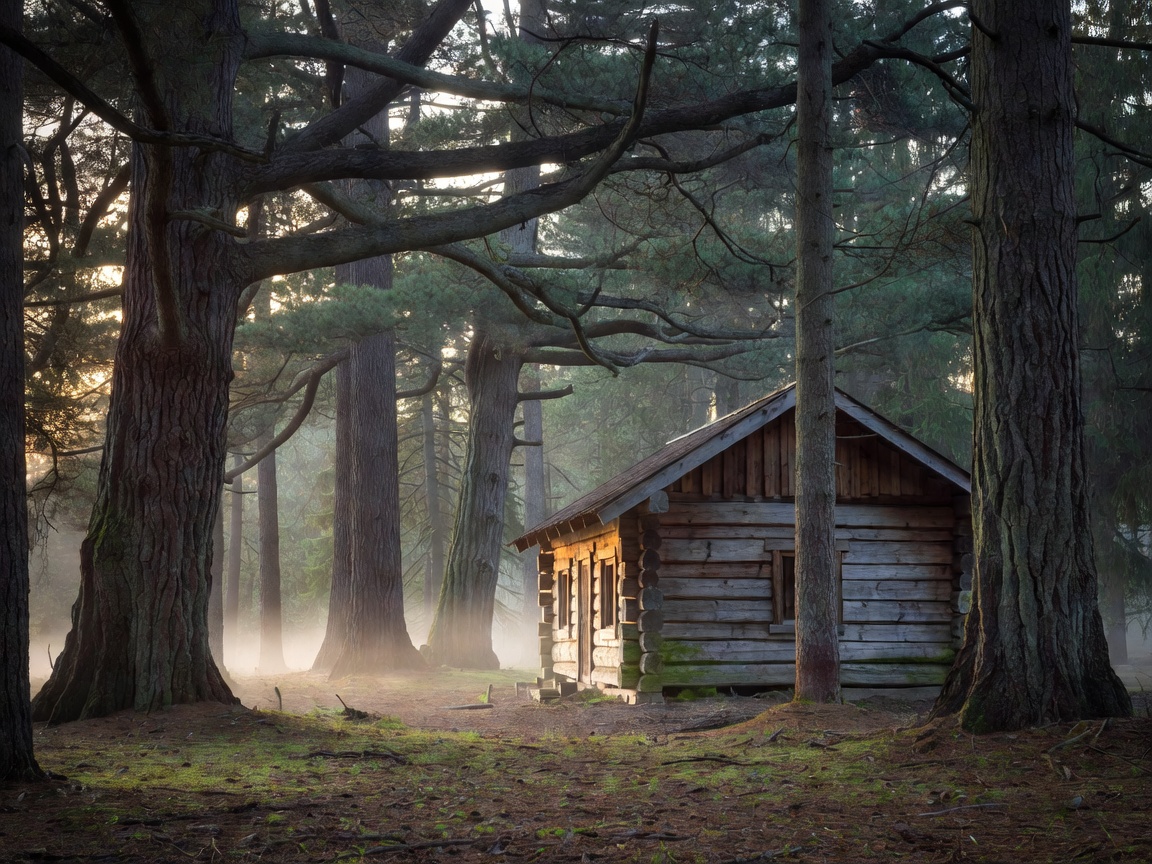 Wooden cabin among tall morning trees